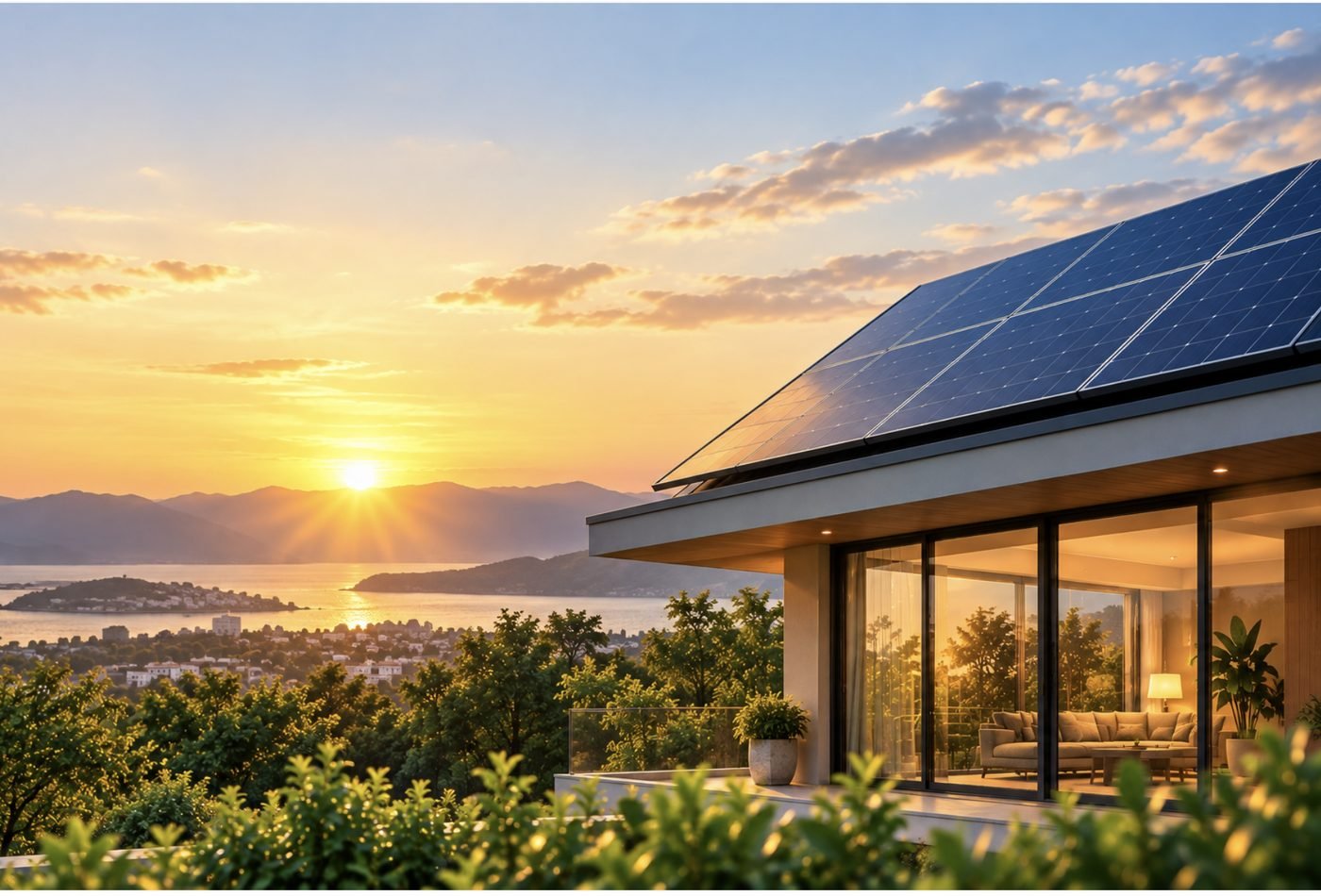 Rooftop solar panels on a modern home overlooking water at sunset