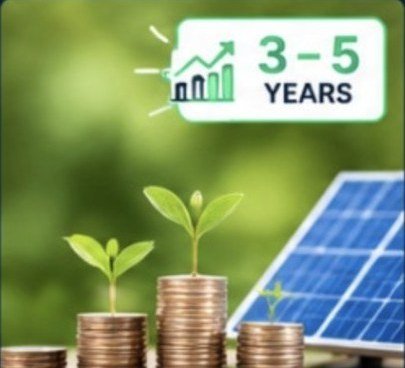 Coins stacked beside young plants and a solar panel