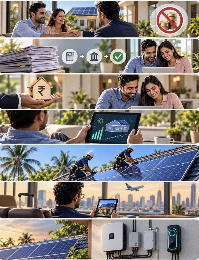 Seven scenes from a SunKraft Solar project: consultation, subsidy paperwork, financing, generation monitoring, rooftop installation, monitoring from abroad, and installed inverter equipment