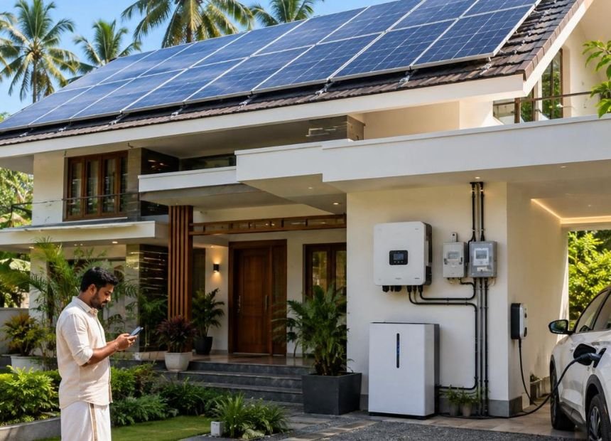 Kerala home with a rooftop solar array and an electric car charging