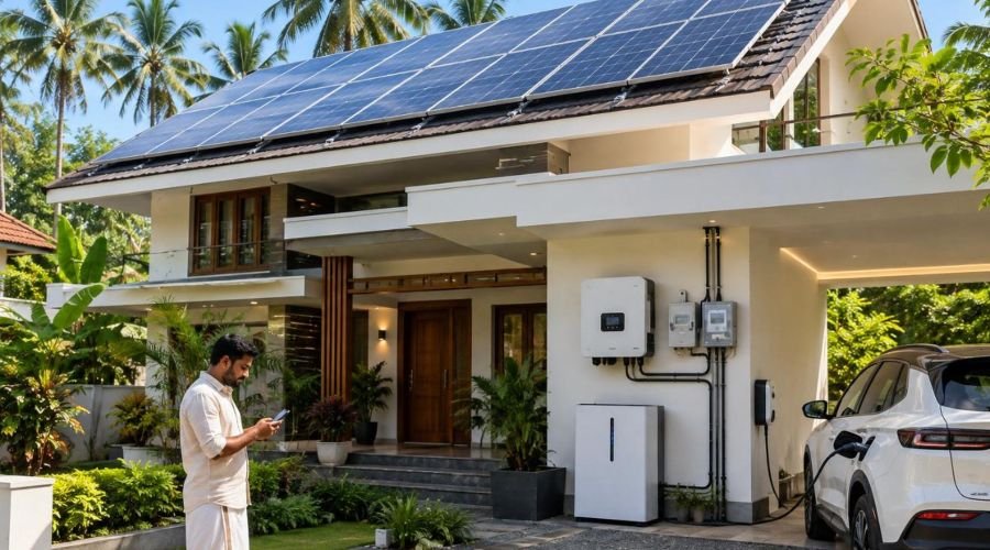 Kerala home with a rooftop solar array and an electric car charging