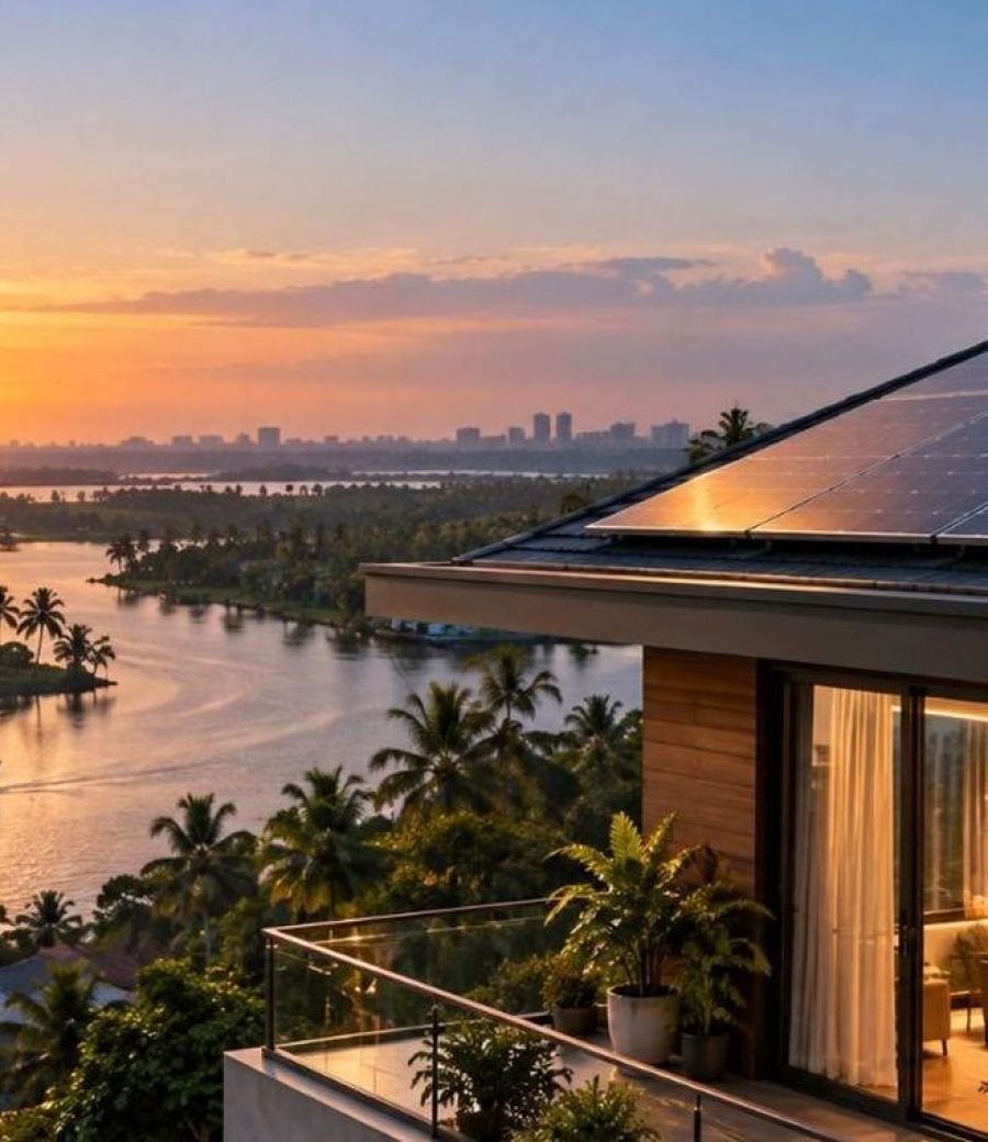 Solar panels on a house beside the Kerala backwaters at dusk