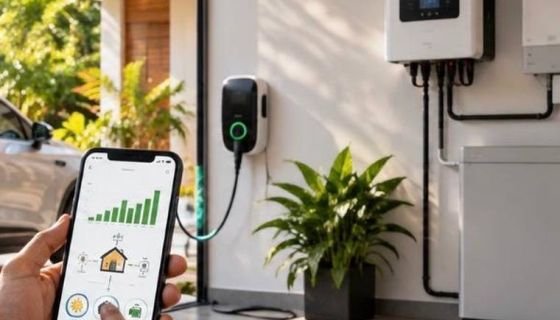 Hand holding a phone showing household solar generation data
