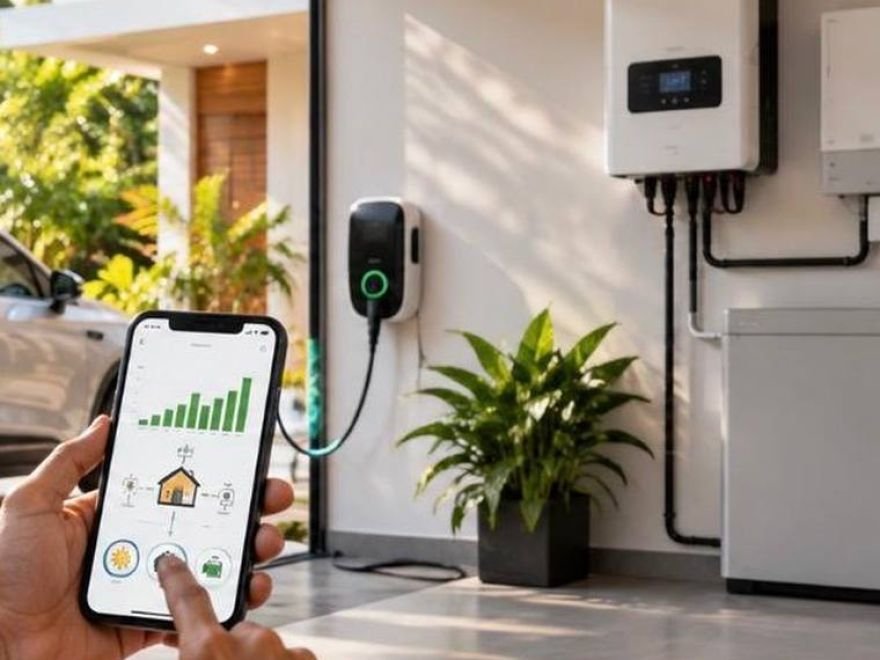 Hand holding a phone showing household solar generation data