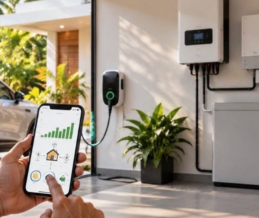 Hand holding a phone showing household solar generation data