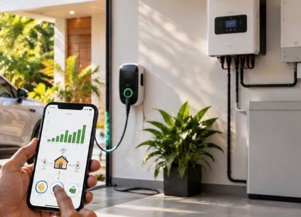 Hand holding a phone showing household solar generation data