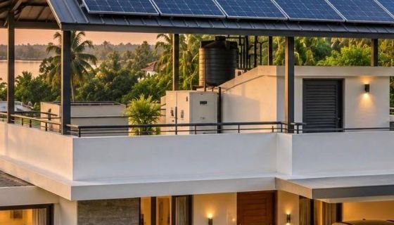 Solar panels mounted on a sloped roof above a covered porch