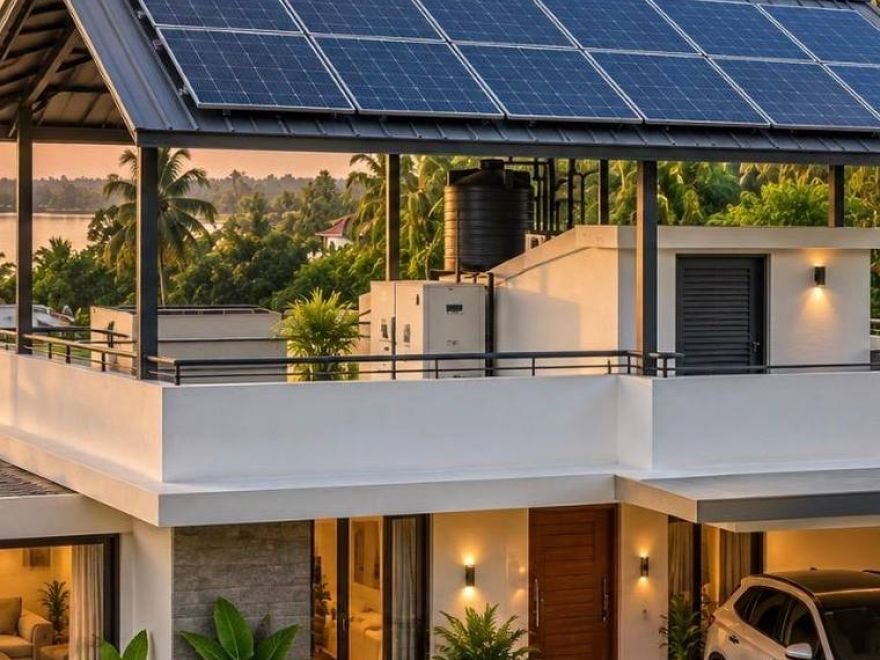 Solar panels mounted on a sloped roof above a covered porch