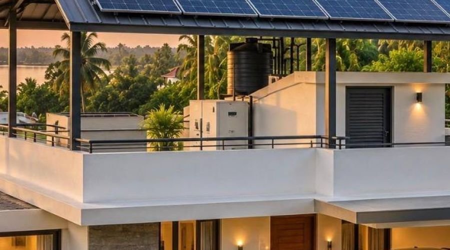 Solar panels mounted on a sloped roof above a covered porch