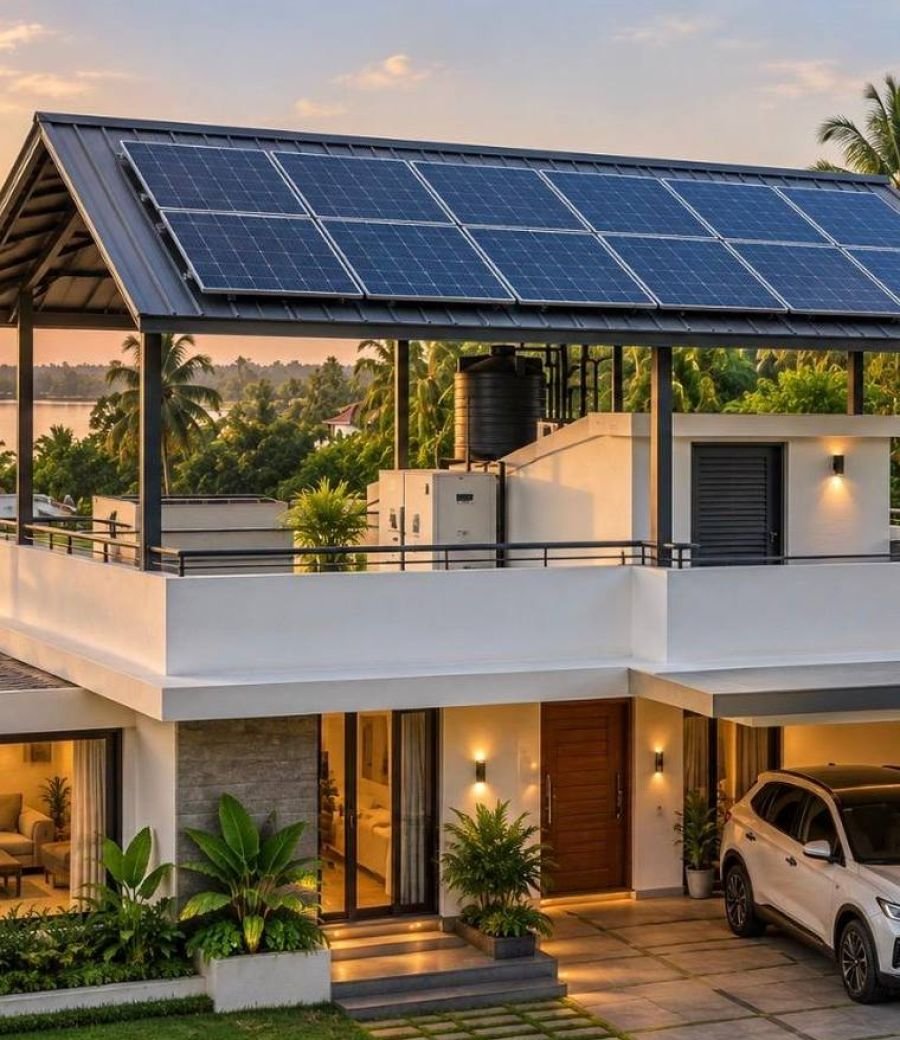 Solar panels mounted on a sloped roof above a covered porch