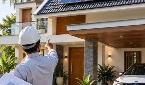 Installer pointing out the solar array on a completed roof