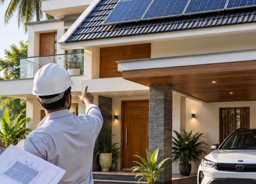 Installer pointing out the solar array on a completed roof