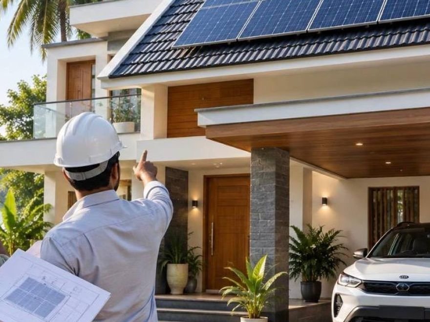 Installer pointing out the solar array on a completed roof