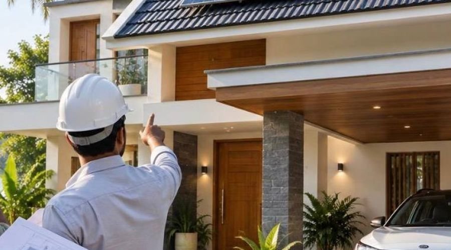 Installer pointing out the solar array on a completed roof