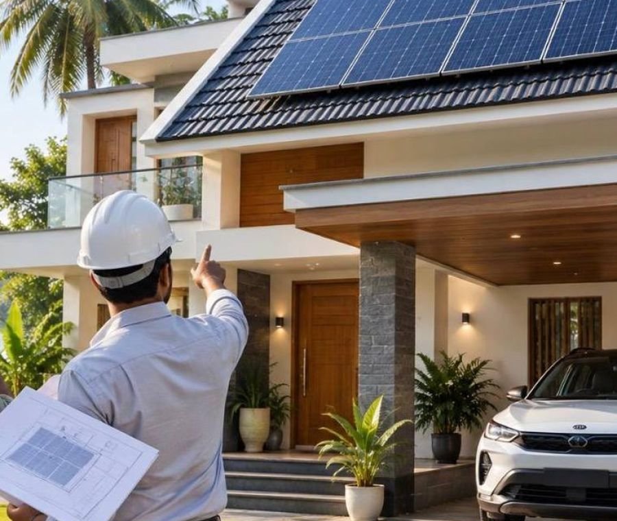 Installer pointing out the solar array on a completed roof