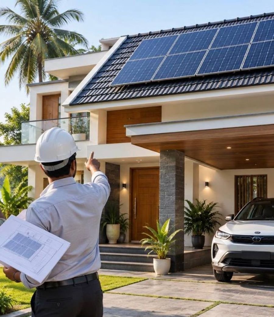 Installer pointing out the solar array on a completed roof