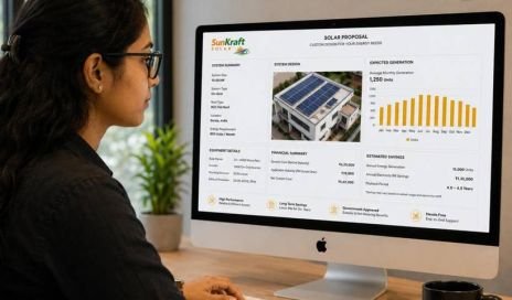 Solar proposal with panel layout and generation figures on screen