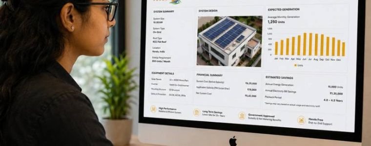 Solar proposal with panel layout and generation figures on screen
