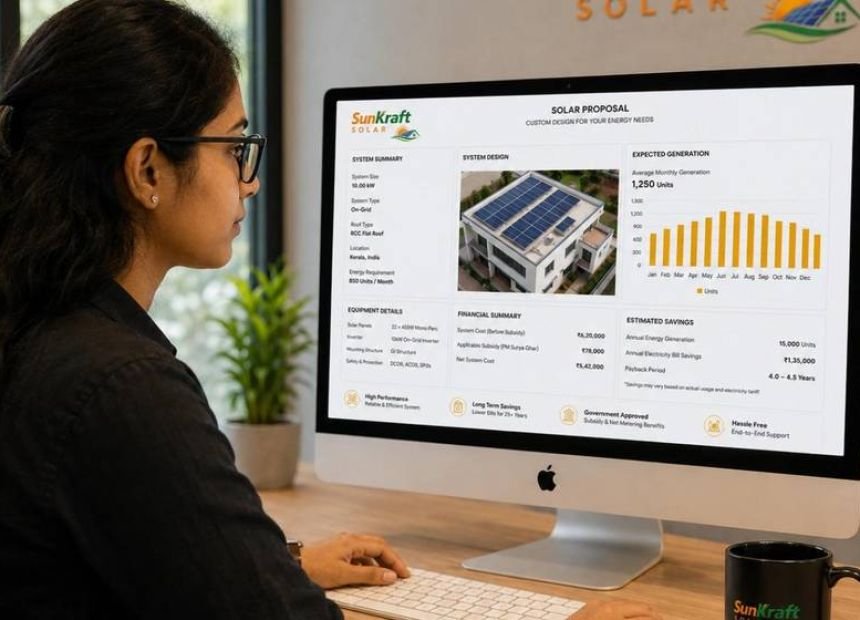 Solar proposal with panel layout and generation figures on screen