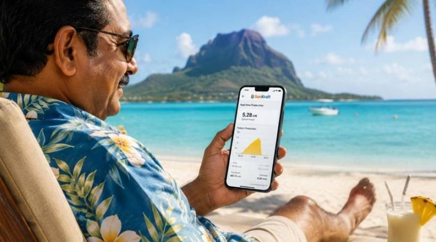 Homeowner checking solar generation on a phone after switch-on