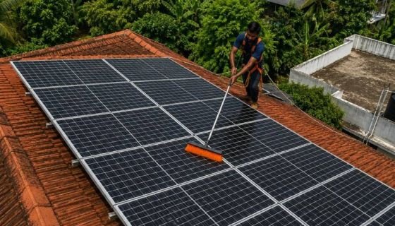 Rooftop solar panels being cleaned during a maintenance visit
