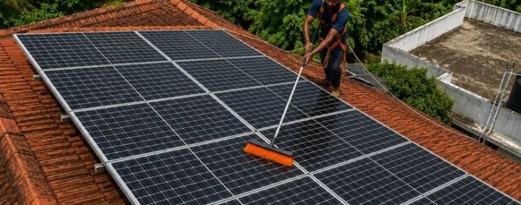 Rooftop solar panels being cleaned during a maintenance visit