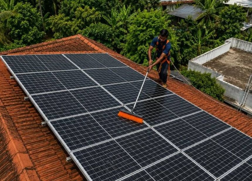 Rooftop solar panels being cleaned during a maintenance visit