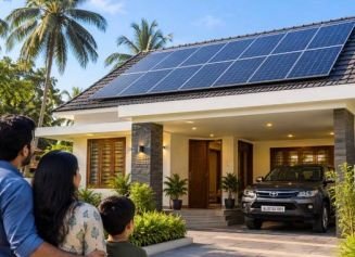 Kerala house with a rooftop solar array and car in the driveway