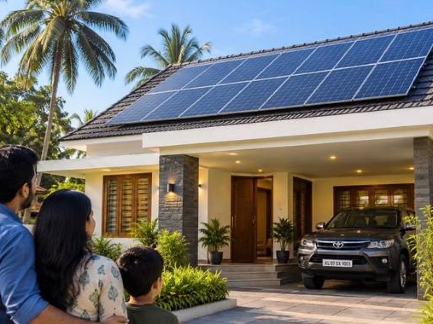 Kerala house with a rooftop solar array and car in the driveway