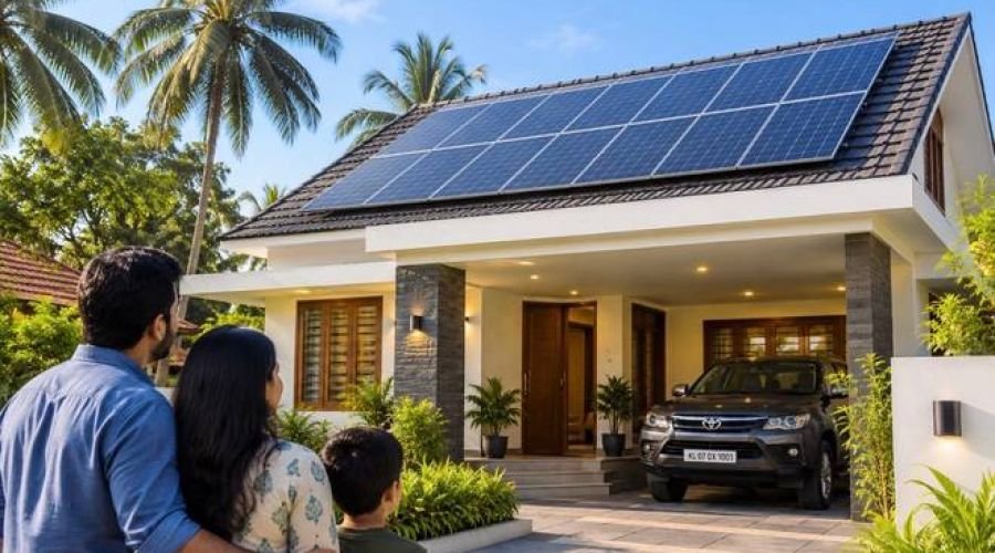Kerala house with a rooftop solar array and car in the driveway