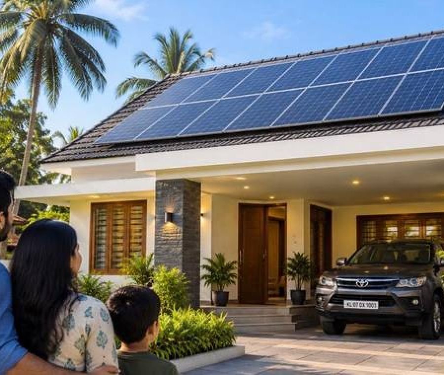 Kerala house with a rooftop solar array and car in the driveway