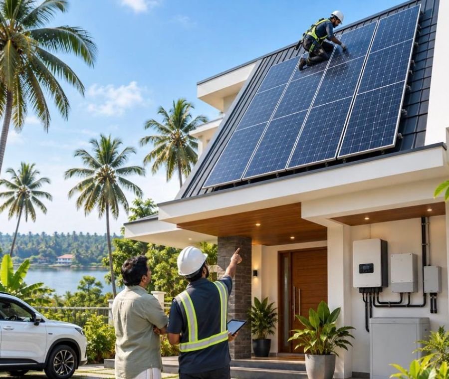 SunKraft installers surveying a rooftop in Ernakulam
