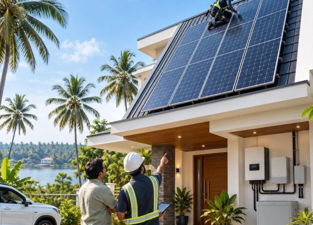 SunKraft installers surveying a rooftop in Ernakulam